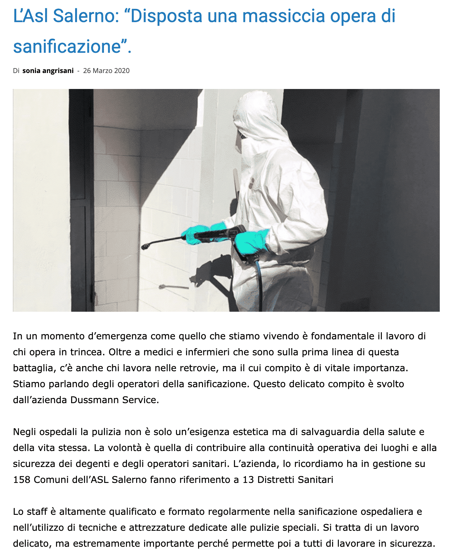 L'ASL di Salerno sanificata da Dussman Service L'ASL di Salerno sanificata da Dussman Service